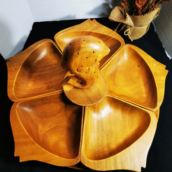 Vintage Wooden Lazy Susan Carved Fish Serving Tray Monkeypod - Picture 5 of 17